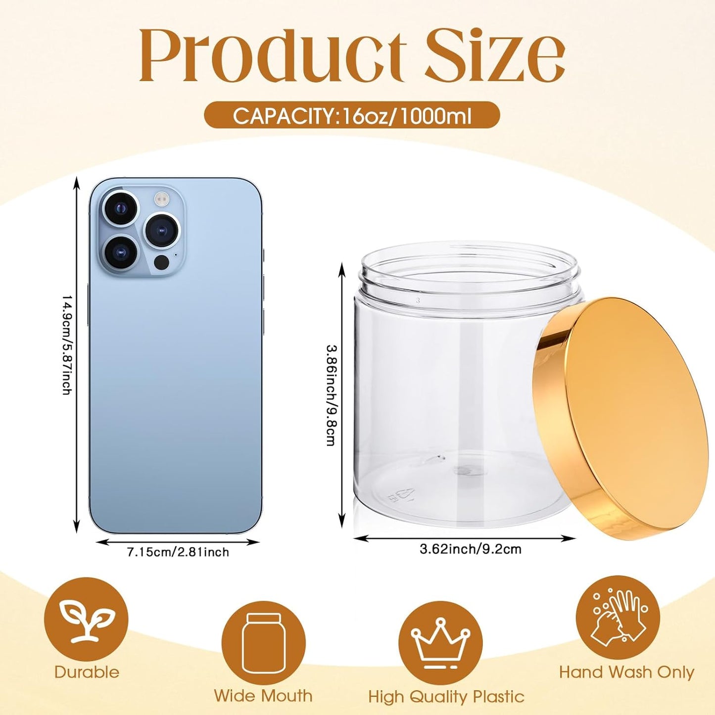 Patelai 4 Pieces Round Wide-mouth Leak Proof Plastic Container Jars with Lids for Travel Storage Makeup Beauty Products Face Creams Oils Salves Ointments DIY Making(16 Ounce,Gold)