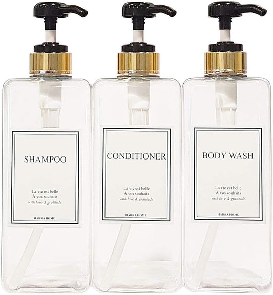 Modern Gold Design Large 27 oz Shampoo and Conditioner Dispensers - Empty Plastic Refillable Pump Bottle Set for Bathroom Shower Soap Dispenser, Set of 3 (Clear & Black)