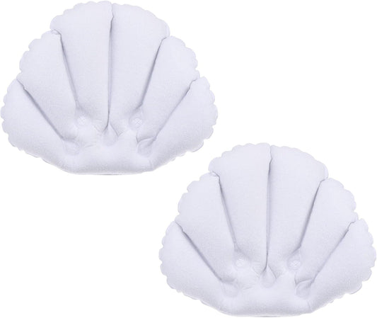 PATIKIL Inflatable Bath Pillow with Suction Cups, 2 Pack Terry Cloth Covered Shell Shape Bathtub Spa Pillow Neck Support for Bathtub Hot Tub, White