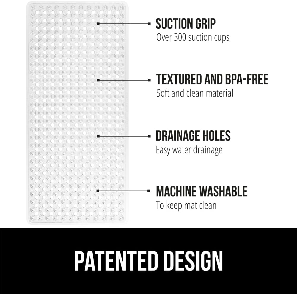 GORILLA GRIP Patented Bath Tub Shower Mat, Machine Washable Bathtub Floor Liner Mats, Suction Cups and Drain Holes to Keep Tubs Clean, Soft on Feet, Bathroom Essentials, 35x16 Inch, Clear