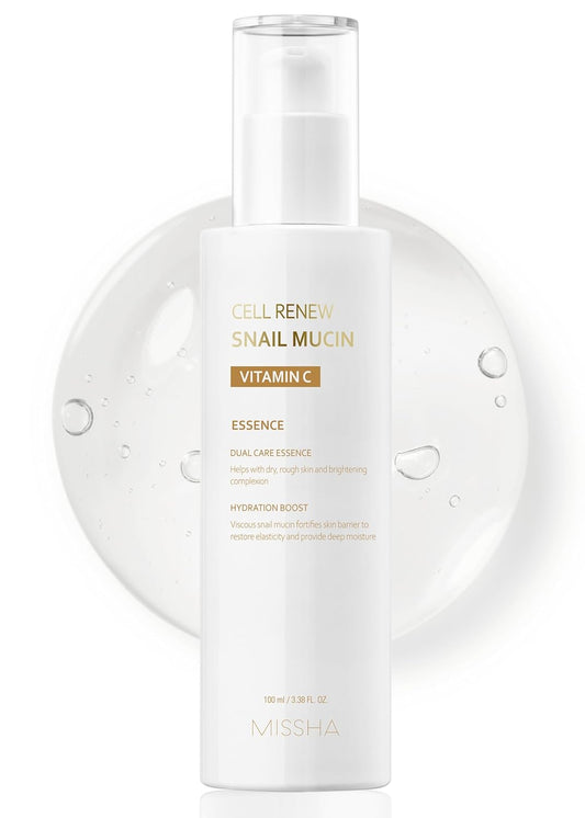 MISSHA Cell Renew Snail Mucin Vitamin C Essence Serum 3.38 Fl oz - Hydrating Korean Skincare for Glass Skin, Snail Mucin Serum for Improved Skin Texture & Complexion