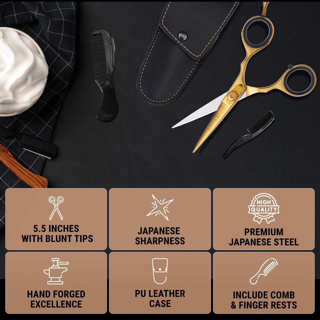 Ontaki Japanese Steel Beard & Hair Trimming Scissors - Precision Convex Blades Hair Cutting Scissors - Adjustable Tension Knob Barber Shears - Rubber Ring Grip & Mustache Comb - Gold Brass, 5.5 in