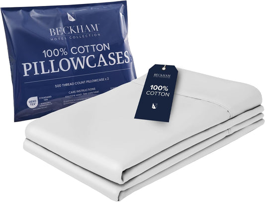 Beckham Hotel Collection Bed Pillowcases King Size Set of 2, 500TC 100% Cotton, Luxury Sateen Bedding, Open End, Breathable, Moisture-Wicking, White