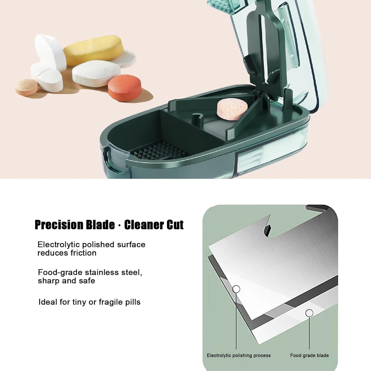 Clear Pill Cutter & Crusher – Precision Tablet Splitter with Safety Blade Guard, Pill Storage and Built-in Cleaning Brush – for Small and Large Pills, Travel Ready (Transparent Green)