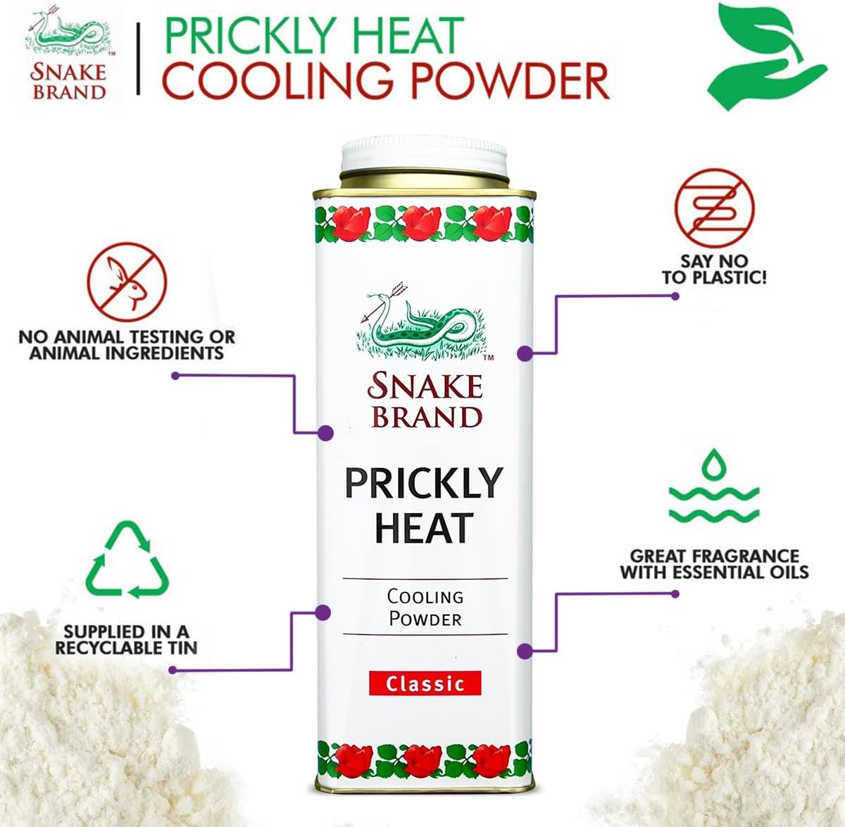 Snake Brand Prickly Heat Cooling Powder for Everyday Use - Anti-Chafing, Heat Rash Relief, Classic Original Scent (9.9 Oz / 280g)