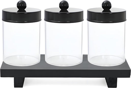 AXX Qtip Dispenser Apothecary Jars Bathroom - Qtip Holder Storage Canister Clear Plastic Jar for Cotton Swab,Q-Tips,Cotton Rounds (G#Black 4Pcs)
