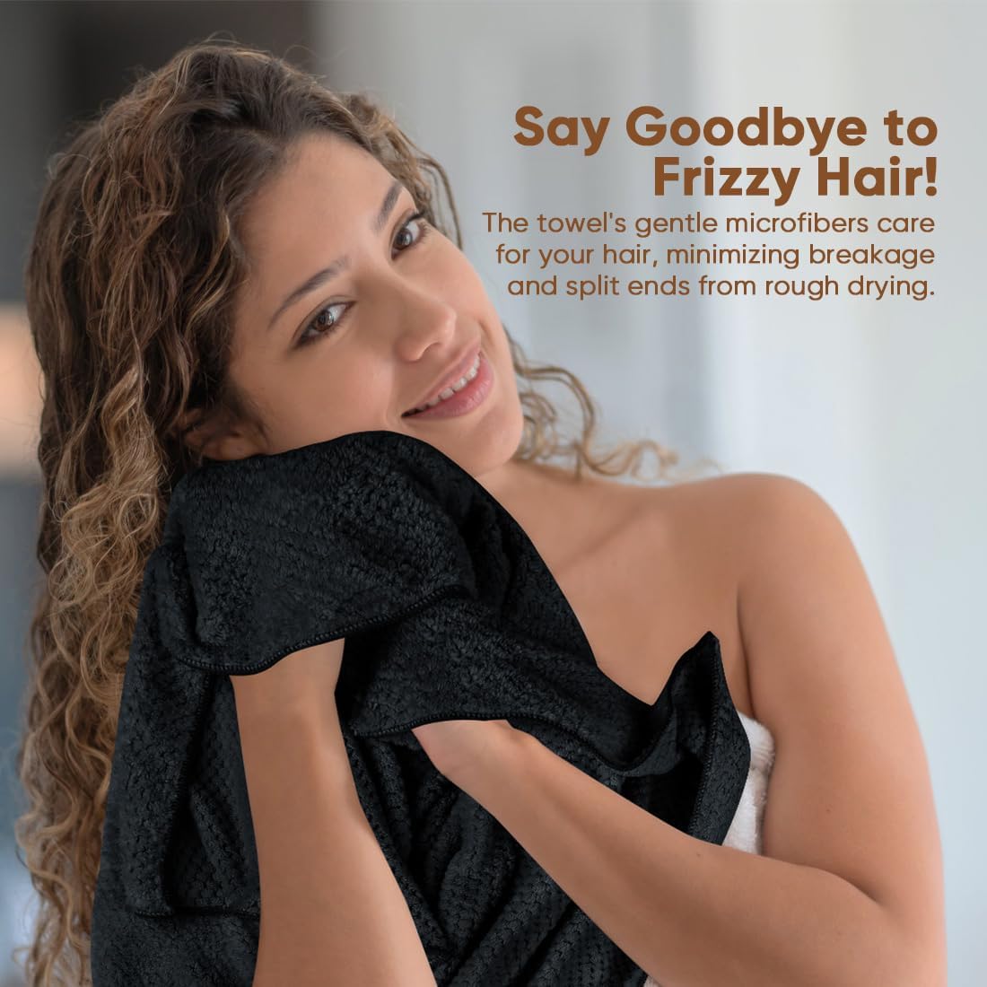 HOMEXCEL 5 Pack Large Microfiber Hair Towel Wrap for Women, Black- 40 x 20 inches Super Soft, Fast Drying Turbans for Long, Thick, Curly Hair - Anti Frizz Wrap with Elastic Strap