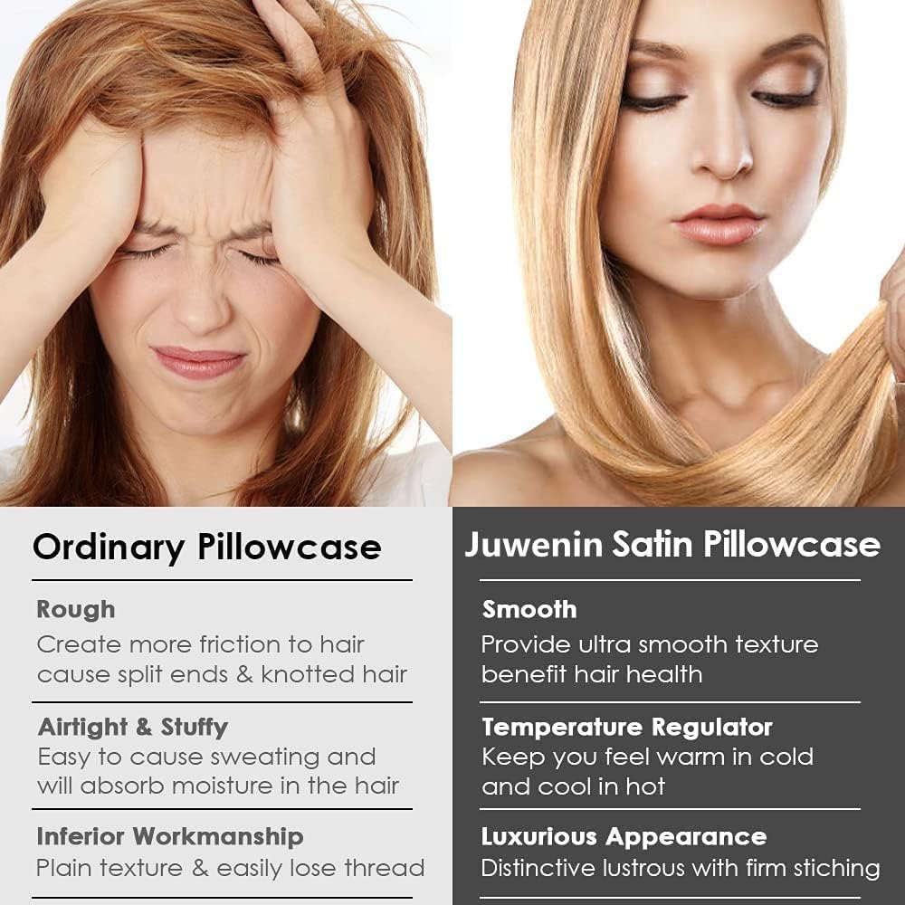 JUWENIN,Luxury Satin Pillowcase with Zipper (Silky Satin Pillow Case for Hair) Set of 2 (King, Navy)