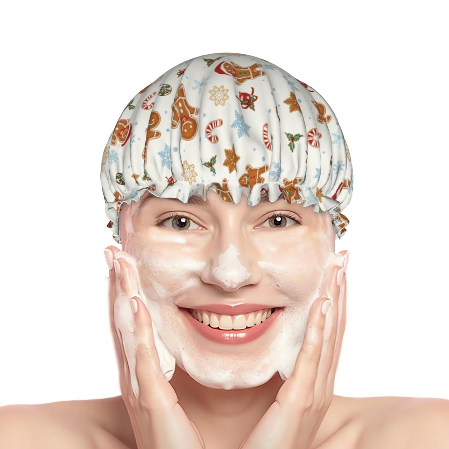 Christmas Shower Caps Gingerbread Man Decorative Hair Caps Xmas Dual-Layer Waterproof Bath Hat Elastic Reusable Hair Hat for Shower Cooking Clean Makeup Travel