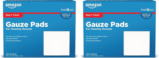 Amazon Basic Care Gauze Pads, 3x3 inches Sterile Medical Wound Dressing Sponges for Cleaning, Covering, & Cushioning Cuts & Minor Injuries, 50 Count (Previously All Health) (Pack of 2)