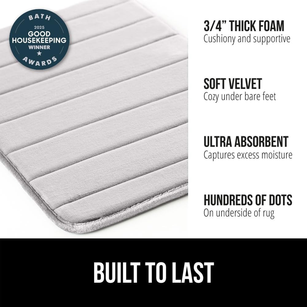 GORILLA GRIP Memory Foam Bath Mat, Soft Absorbent US Designed Bathroom Rug, Gripping Dots Machine Washable Bathmat, Cushioned Floor Mats, Shower Sink Rugs Room Décor Accessories, 42x24 Light Gray