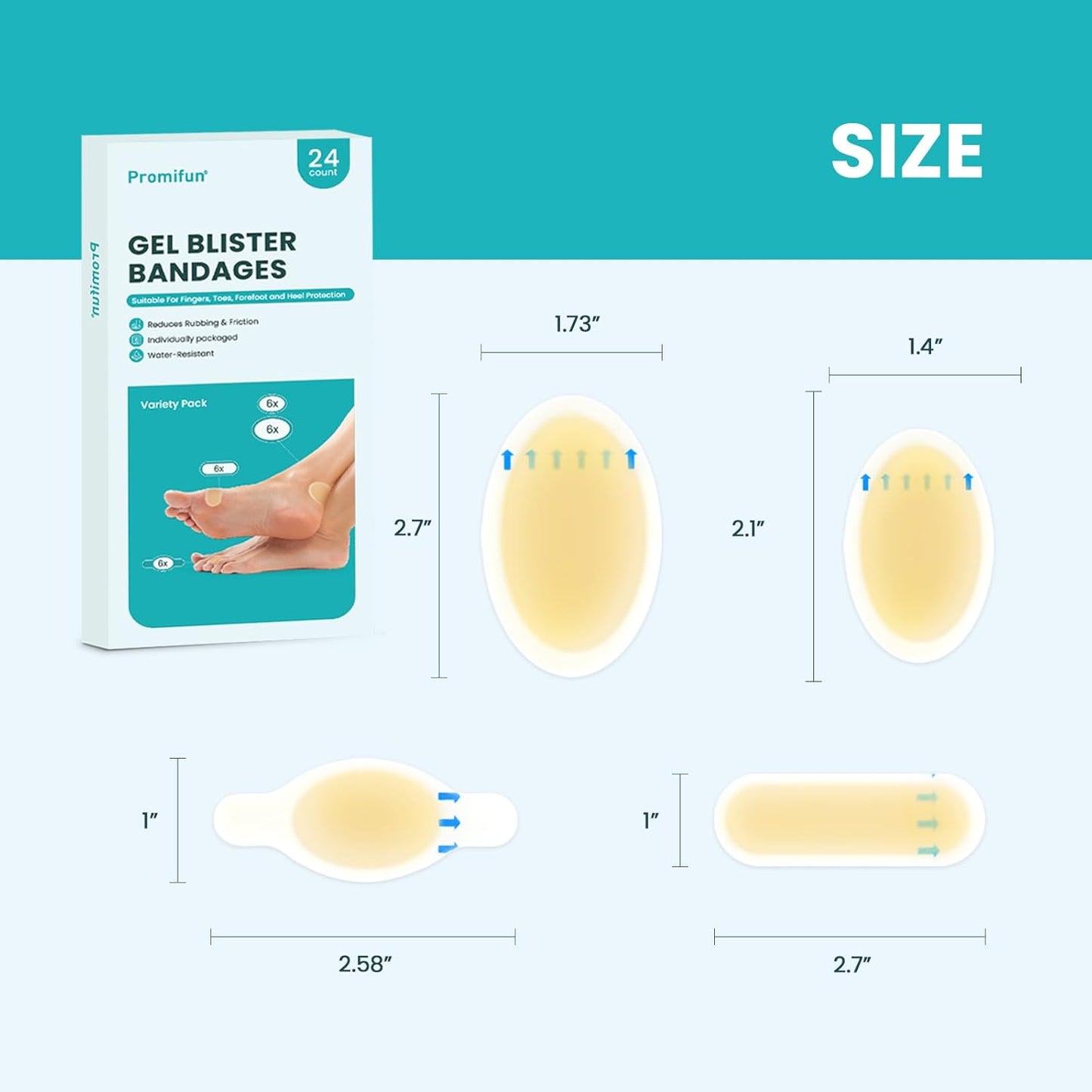 Hydrocolloid Gel Blister Bandages Pads - Promifun Waterproof Adhesive Blisters Bandages - Blister Pads for Heel, Foot, Toe, Feet - Gel Blister Chshions for Prevention & Recovery (24ct, Variety Pack)