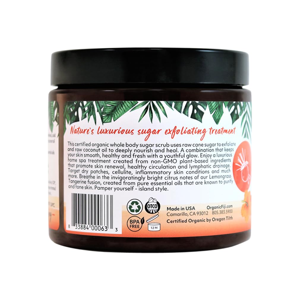 Organic Fiji Whole Body Scrub - Infused with Coconut Oil, Exfoliating Sugar Scrub for Smooth and Soft Skin, Exfoliates & Restores Skin's Natural Biosphere, Lemongrass Tangerine 20 oz