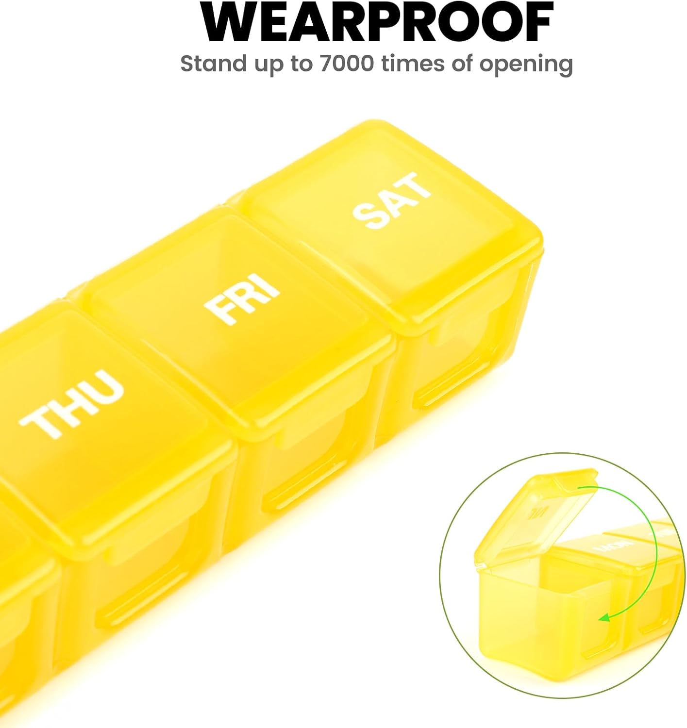 Sukuos Extra Large Daily Pill Organizer 7 Day, Easy to Open Weekly Pill Box Case, Portable Medicine Organizer with Clear Lid for Vitamins, Fish Oils or Supplements (Yellow)