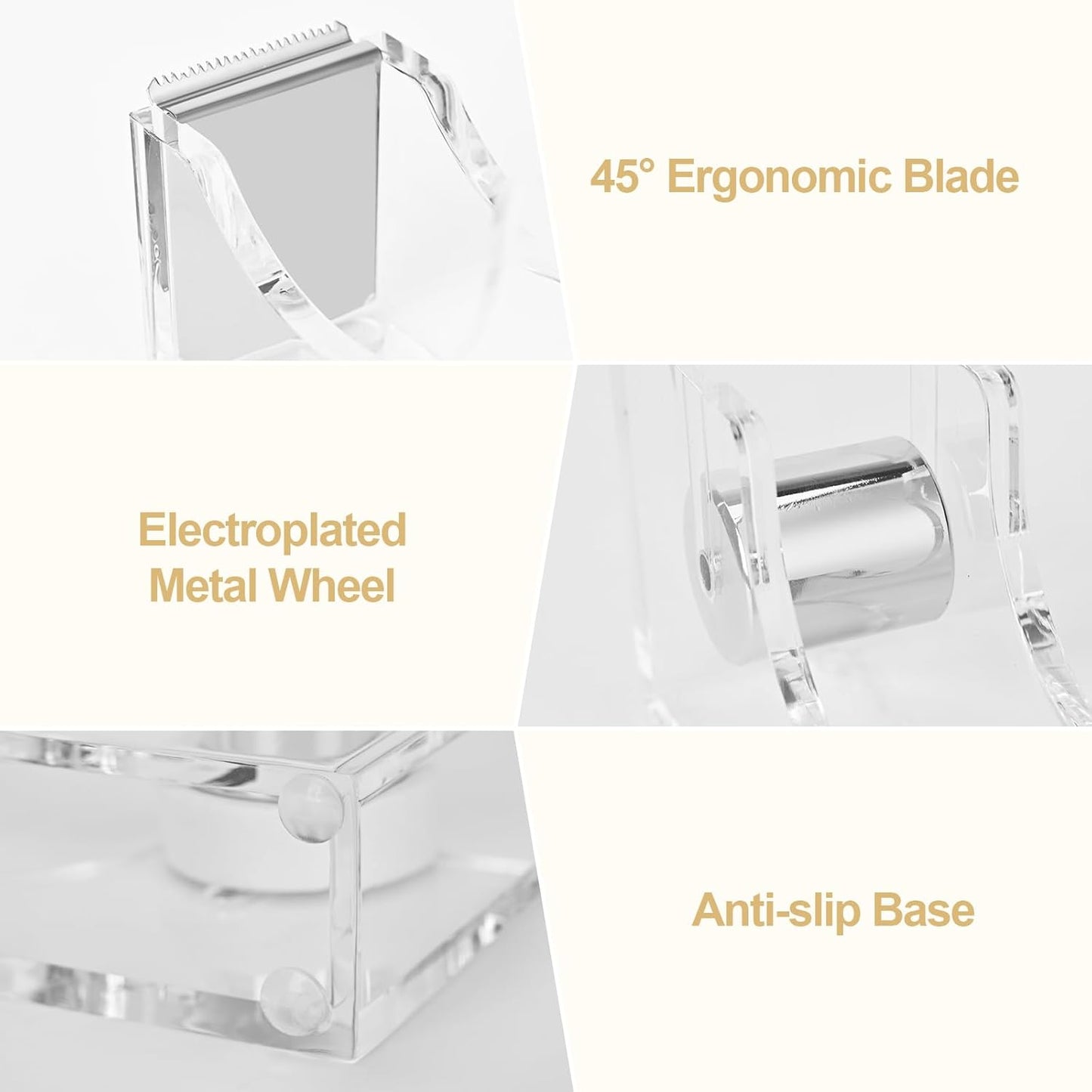 2-Piece Acrylic Office Tape Dispenser, Transparent Tape Dispenser Kit with Non-Slip Rubber Bace, 1 Inch Core Morden Accessory for Stylish Desk at Home, School, Office-Silver