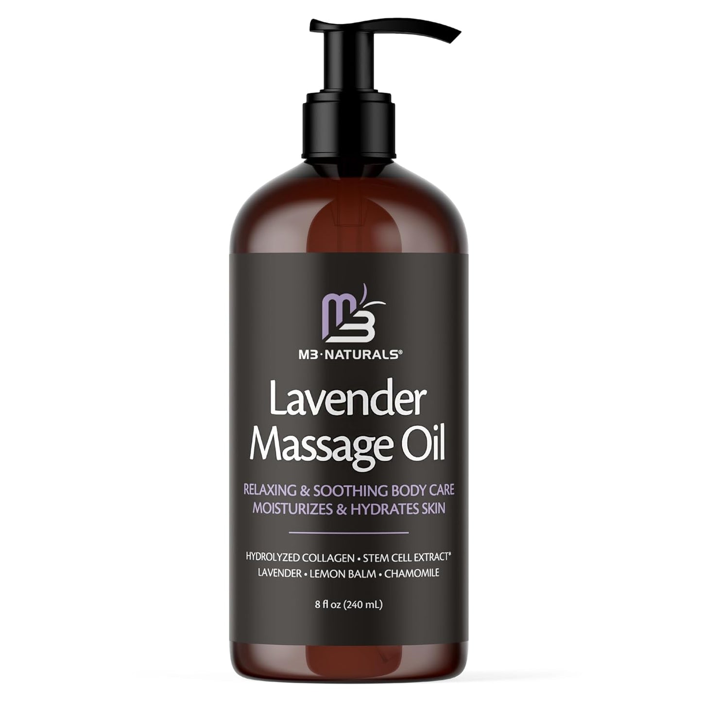 Lavender Sensual Massage Oil with Collagen and Stem Cells, Skin Tightening Therapy for Bum, Thighs, and Belly, Fast-Absorbing Cellulite Oil, 8 fl oz by M3 Naturals