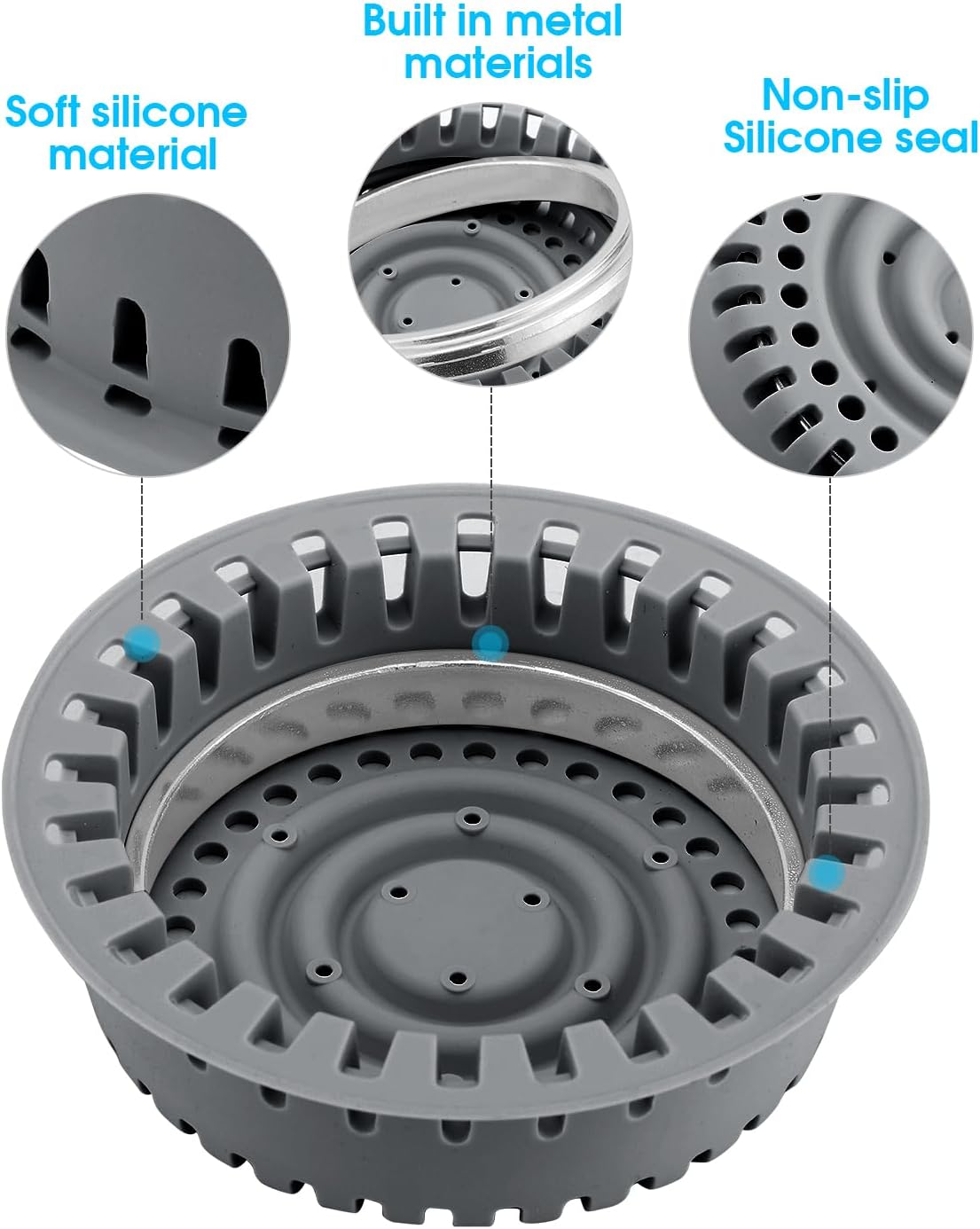 Bathtub Drain Hair Catcher, Shower Hair Drain Catcher, Upgraded Tub Drain Protector Hair Trap/Strainer with Silicone & Stainless Metal Designed for Pop-Up and Regular Drains (Dark Gray)