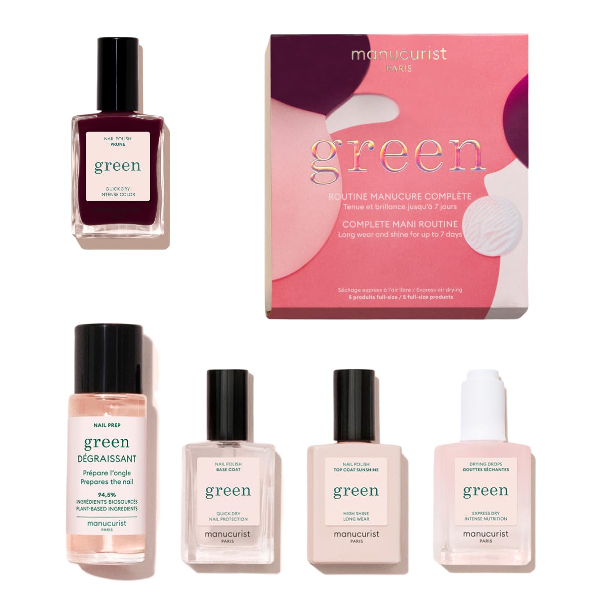 Manucurist Green™ System Holiday Gift Set with Plum - Professional Vegan Plant-Based Manicure Kit: 1 Degreaser, 1 Base Coat, 1 Nail Polish Dark Wine, 1 Top Coat, Dried Drops- Christmas Gifts for Women