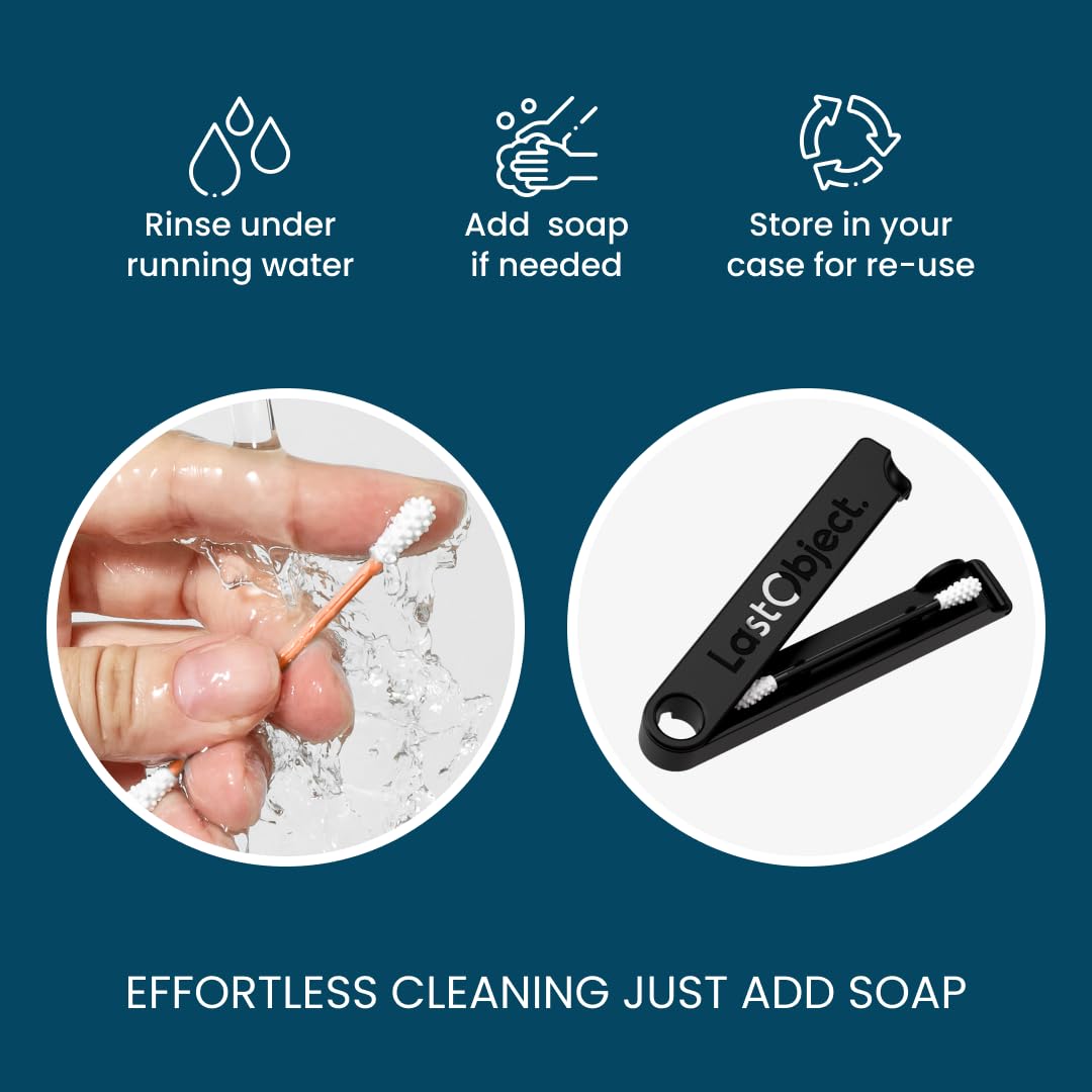 LastSwab® Reusable Cotton Swabs for Ear Cleaning - The Sustainable and Sanitary Alternative to Single-Use Q Tips - Zero Waste and Easy to Clean - Comes with a Convenient Travel Case Holder - Black