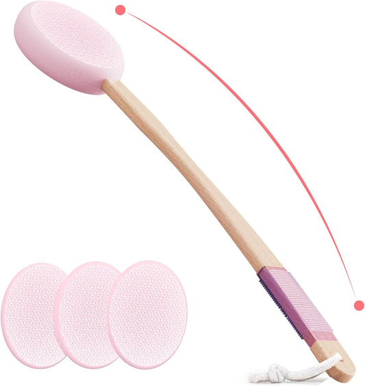Lotion Applicator With 4 Replaceable Pads for Back, Self, Elderly, Women - Cream Medicine Applicator With 17" Curved Handle Easy to Target Back and Feet, Pink