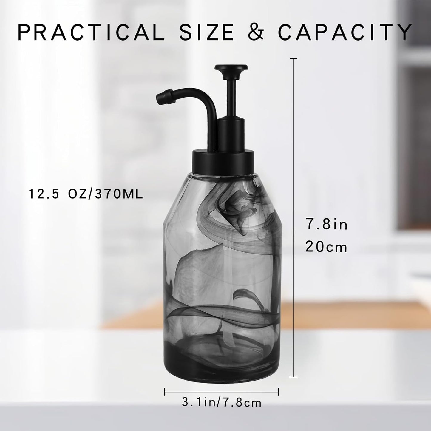 Glass Soap Dispenser for Kitchen and Bathroom Counter, 12.5 Oz Unique 3D Black Smog Thick Glass Hand Soap Bottle with Smooth Action Rust-Free ABS Pump, Kitchen Dish Soap Dispenser (Black)