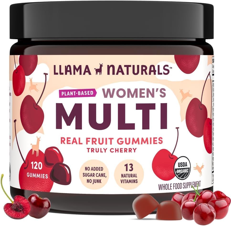 Llama Naturals Multivitamin for Women, Vegan, Organic Gummies with Vitamin D, C and K, Women's Real Fruit Gummy Vitamins, Chewable Multivitamin Supplement, No Added Sugar Cane, Cherry, 120 Ct