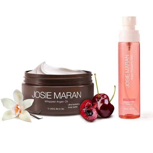 Josie Maran Argan Layering Kit - Whipped Argan Oil Body Butter Gift Set with Prosperity Body Mist - All Over Body Glow, Intense Hydration & Absorbs Quickly - Vanilla Cherry (2 Piece Set)