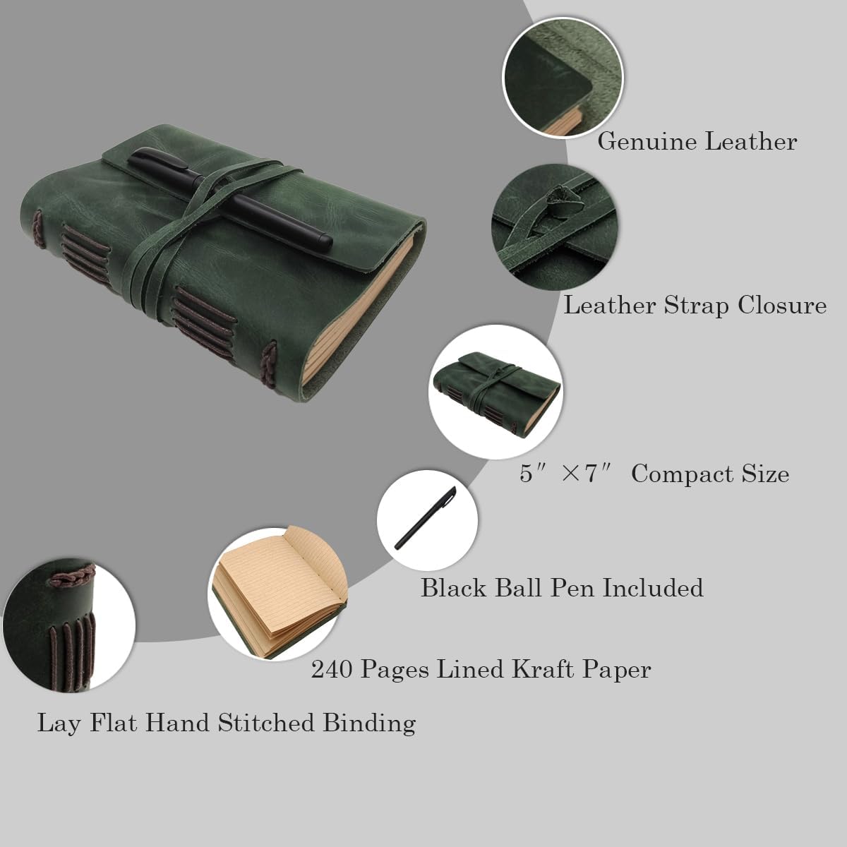 Green Notebook Journal - Genuine Leather Journals for Writing Small Size Diary 5.5x7.5 Inch, Notepad For Women and Man, Gifts,Work,Travel Dark Green