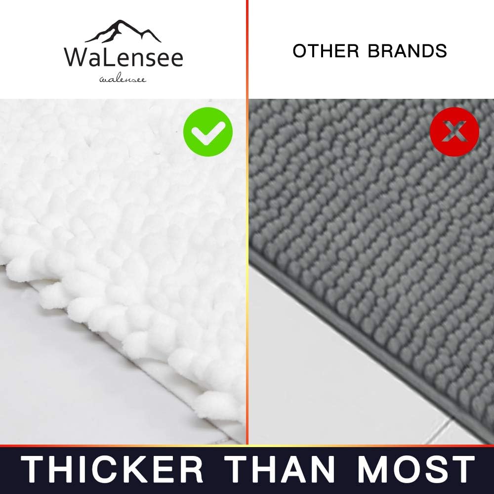 Walensee Bathroom Rug 2 Pieces Set Non Slip Bath Mat (20"x32" Plus 20"x24" U White) Water Absorbent Super Soft Shaggy Chenille Machine Washable Dry Extra Thick Perfect Carpet for Shower Floor