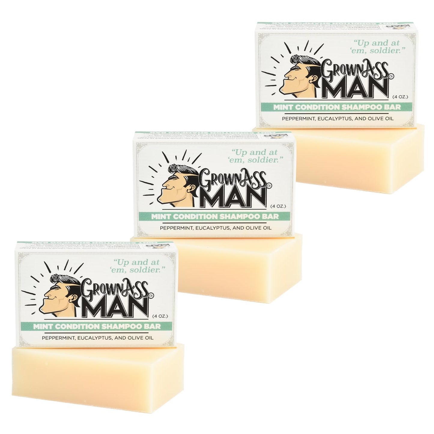 Grown Ass Man Co. - Solid Shampoo Bar Rich Lather 3 in 1: Hair, Beard & Body Wash - Plastic Free & Eco-Friendly, Natural & Organic Clean for All Hair Types, 4oz Bar (Mint Condition, 3-Pack)