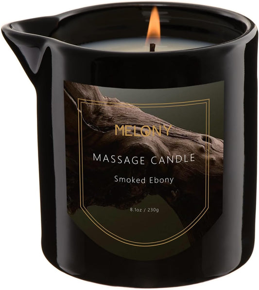 MELONY Luxury Massage Candle - Moisturising, Body Oil Candles for Muscle Relaxation, Home Spa, 8.1OZ (Smoked Ebony)