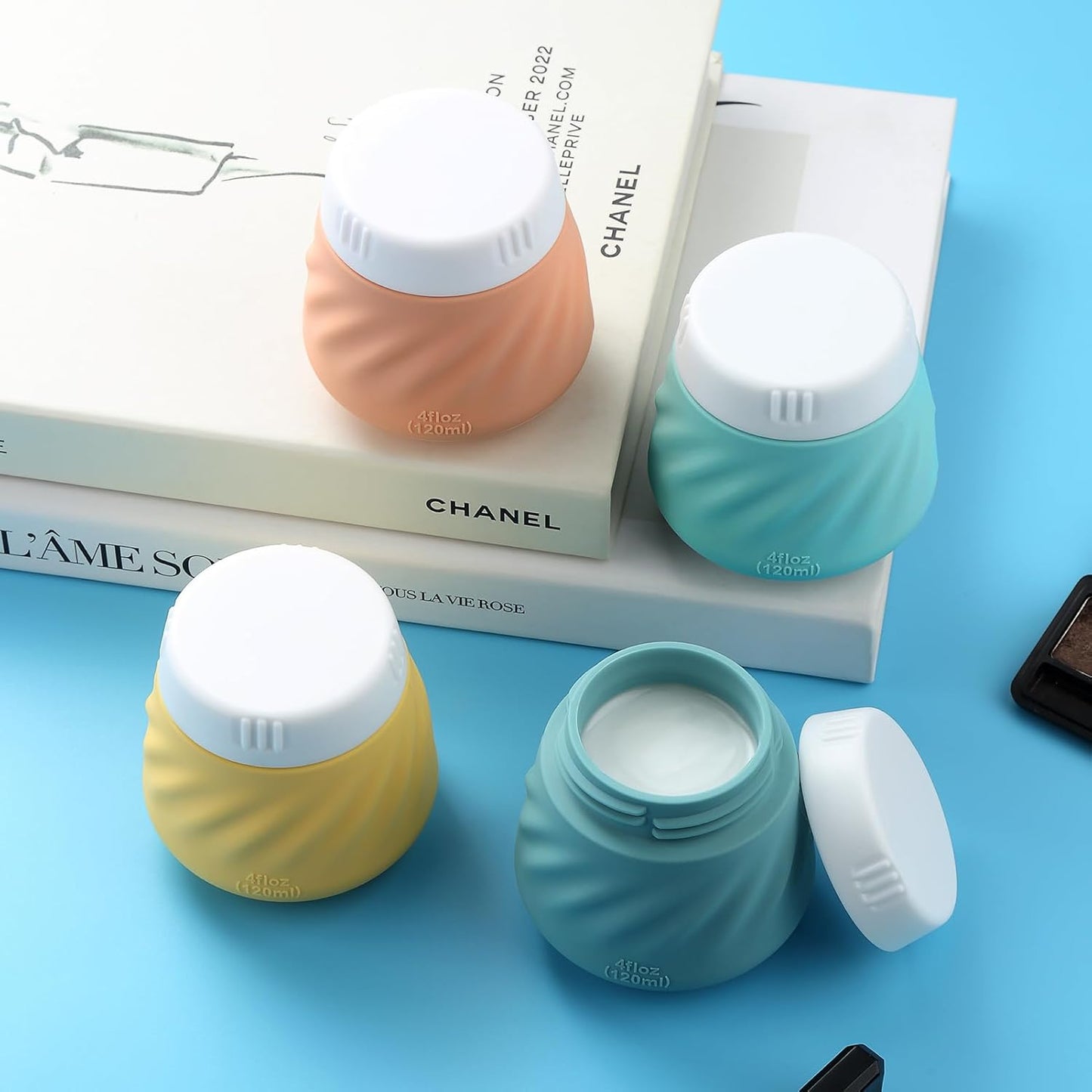 Gemice 4 OZ Travel Size Containers for Toiletries, 4-Pack Leak-Proof Silicone Slime Jars with Lids, BPA Free Small Round Cosmetic Slime Container for Lotion, Cream, Ointments, Travel Essentials
