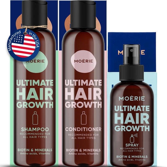 Moerie Mineral Shampoo and Conditioner Plus Hair Growth Spray Set – Ultimate Hair Care Pack – For Longer, Thicker, Fuller Hair - Volumizing Hair Care Products – Paraben & Silicone Free - 3 Products