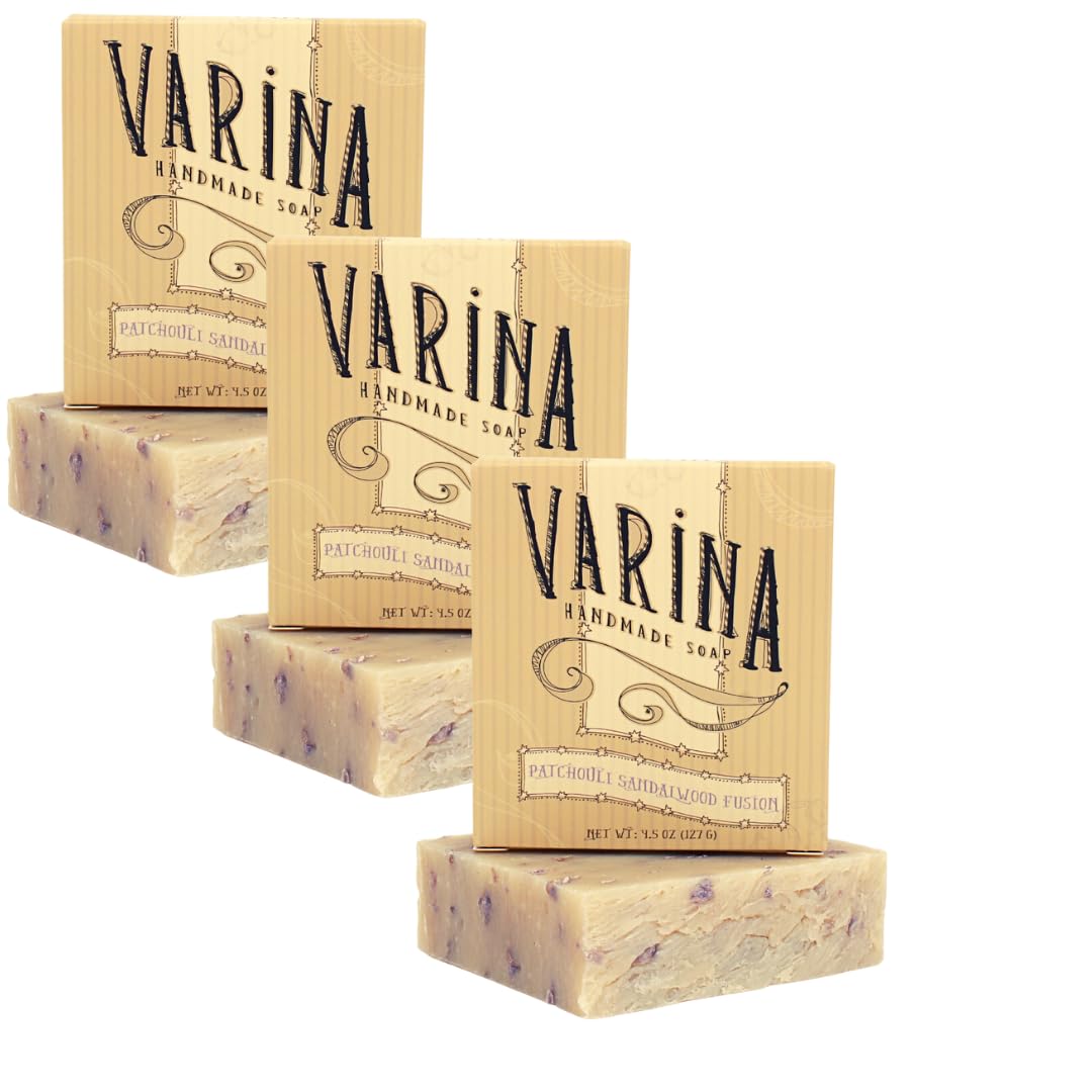 Varina Patchouli Sandalwood Soap - Gentle Cleansing for Sensitive Skin, Earthy Scents - 3 Pack Handmade Soap