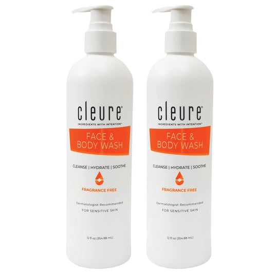 Cleure Face and Body Cleanser - Hypoallergenic, Fragrance-Free Body Wash for Sensitive Skin & Eczema - Paraben & Sulfate Free, PH Balanced Body Soap (12 oz, Pack of 2)