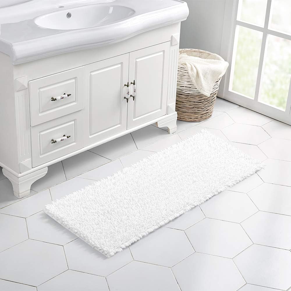 Walensee Large Bathroom Rug Non Slip Bath Mat (24x60 Inch White) Water Absorbent Super Soft Shaggy Chenille Machine Washable Dry Extra Thick Perfect Absorbant Best Plush Carpet for Shower Floor