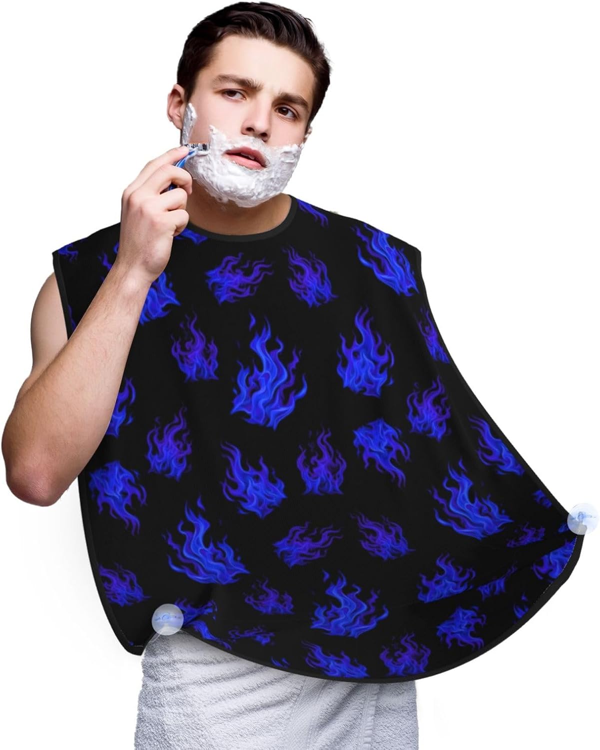 Strong Suction Cup Beard Grooming Bib, Non-Stick Hair Catcher, Waterproof, for Shaving, Purple Blue Fire Flame