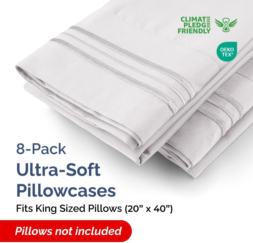 King Pillow Cases Set of 8 - Ultra Soft Hotel Quality Pillowcase Covers - Comfy, Cozy & Wrinkle Free - Shrink, Stain and Fade Resistant - Machine Washable Pillow Protectors - 8 Piece Set - French Grey