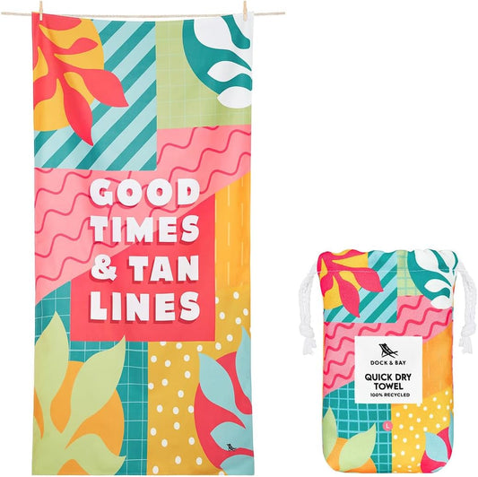Dock & Bay Beach Towel - Quick Dry, Sand Free - Compact, Lightweight - 100% Recycled - Includes Bag - Good Times & Tan Lines - Large (160x90cm, 63x35)