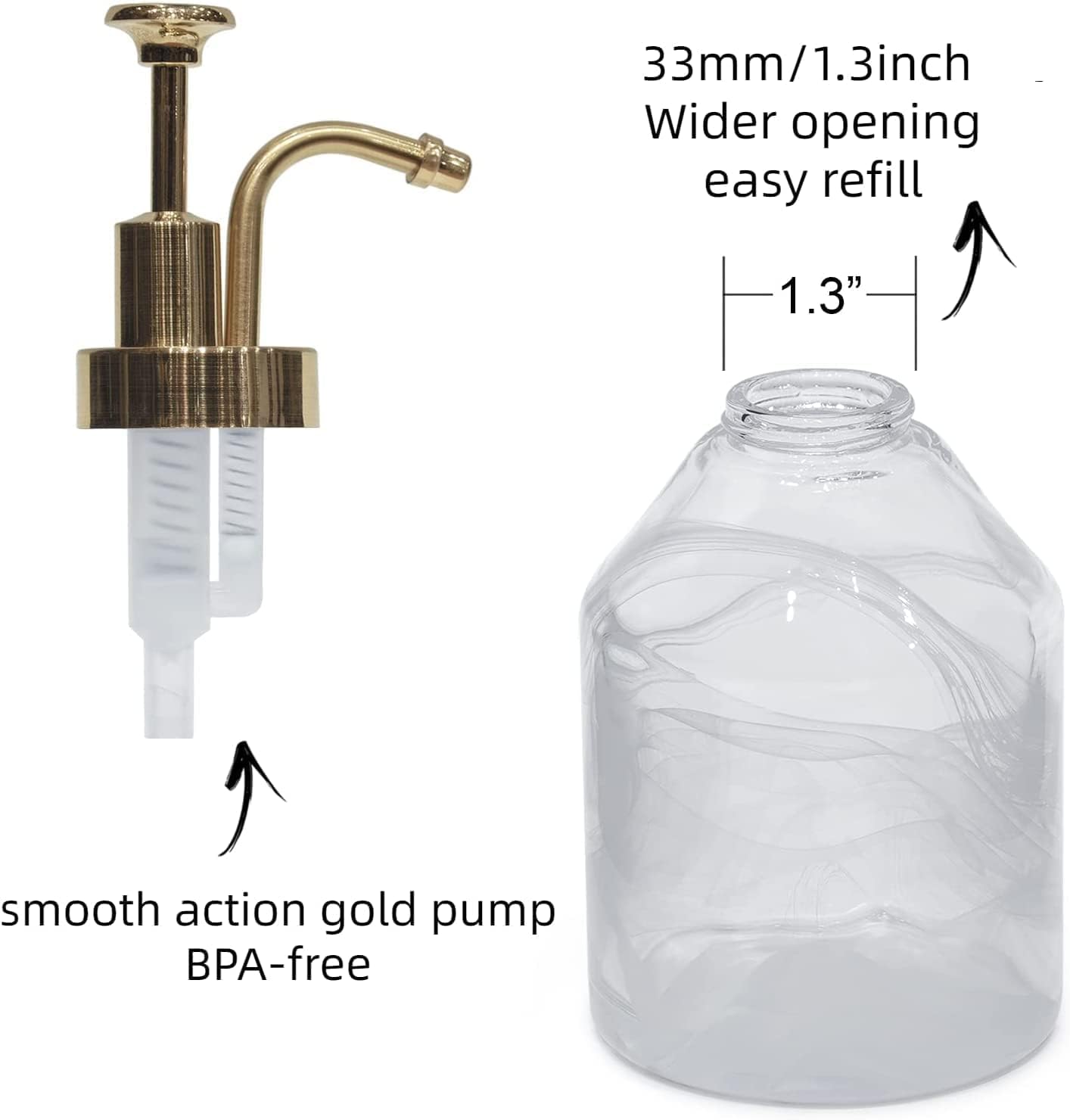 Bathroom Soap Dispenser Set 2pcs Value Pack 3D Smog Thick Glass Soap Bottle with Smooth Action Rust-Free ABS Pump,Luxury Kitchen Dish Soap Dispenser for Liquid Hand Lotion,Syrup-12.7Oz,Gold