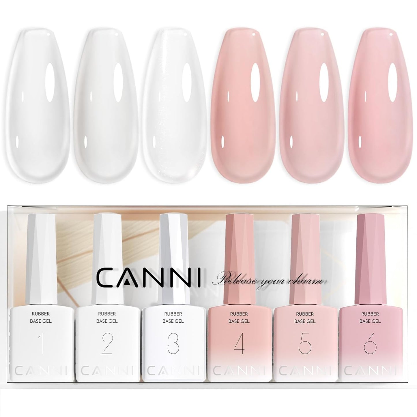 CANNI Rubber Base Gel Nail Polish Set- 6 Pcs 9 Ml Clear Milky White Neutral Nude Pink Colors Rubber Base for Nails, Soak Off LED Nail Gel Manicure Kit DIY at Home Salon Gifts