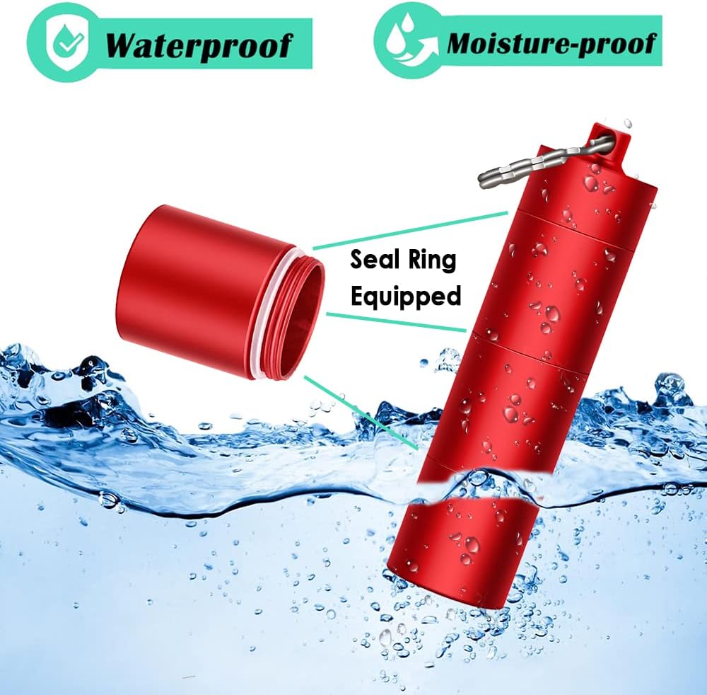 Portable Keychain Pill Case Holder, EFFIET 3 Compartments Metal Pocket Emergency Pill Container Box for Daily Supplyment (Red+Matt Finished)