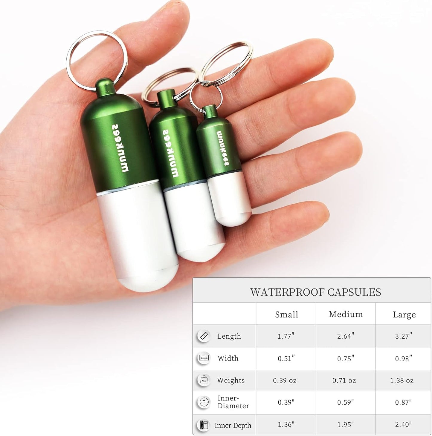 munkees Portable Pill Case Small Waterproof Capsules EDC Keychain, Travel Pill Bottle for Camping, Hiking, Backpacking, Compact Valuables Container for Outdoors 2-Pack