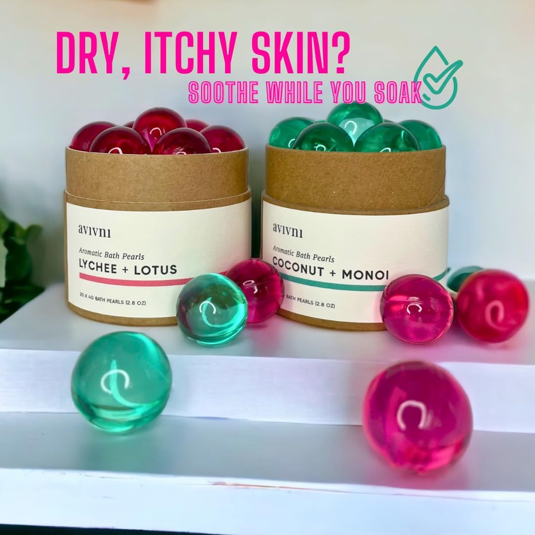 Avivni Moisturizing Bath Oil Beads (15 Pearls), Lychee Oil, Lotus Oil, Floral Scent, Biodegradable, Recyclable Container, Mother's Day Gift Idea