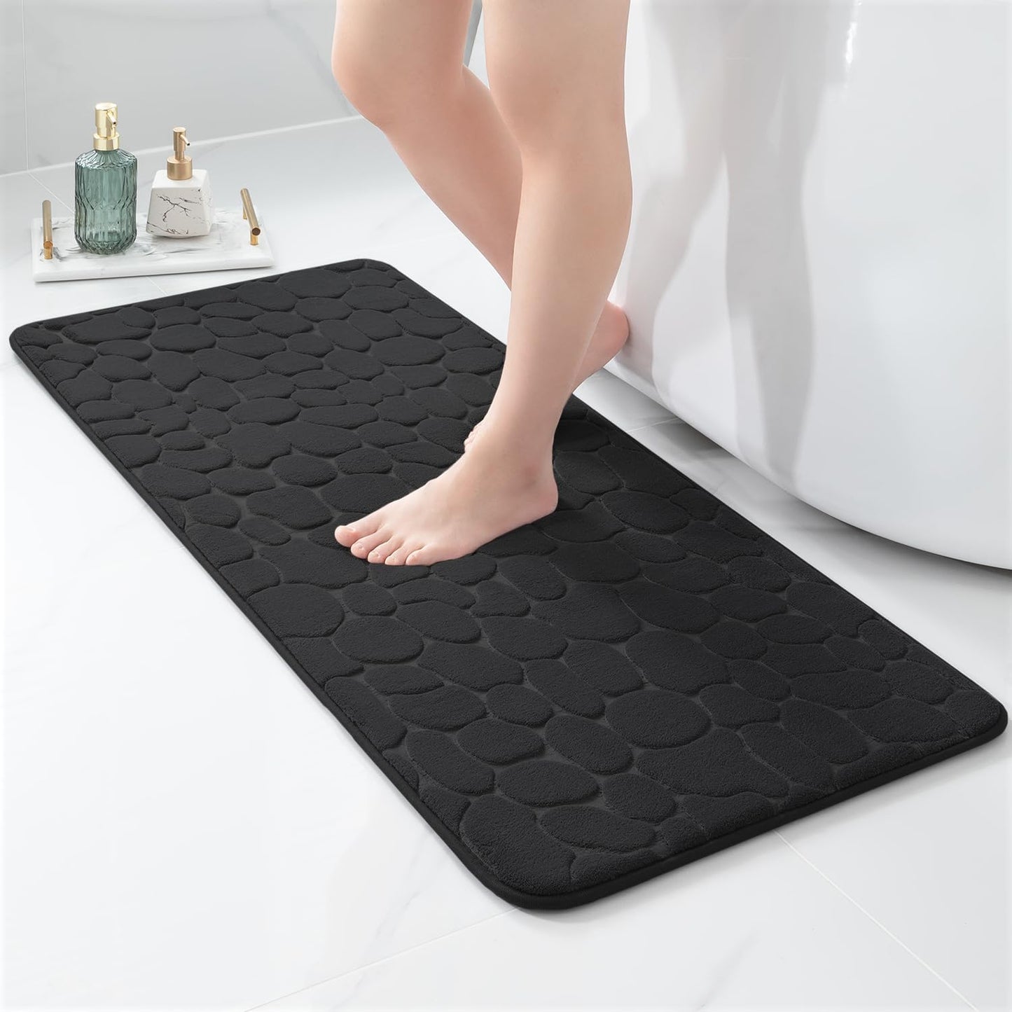 YIHOUSE Memory Foam Runner Rug, Cobblestone Bathroom Runner Rugs Super Water Absorbent Bath Mats for Bathroom Machine Washable Bath Rugs Runner for Hallway Bedroom Laundry Room(20 x 47,Black)