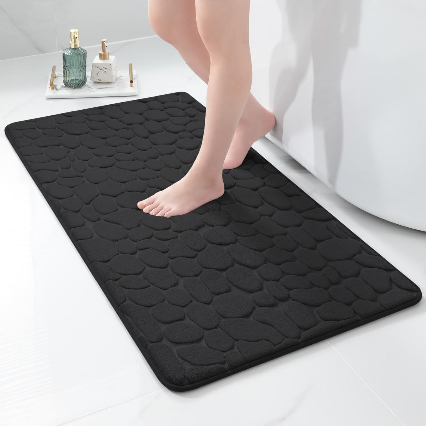 YIHOUSE Memory Foam Runner Rug, Cobblestone Bathroom Runner Rugs Super Water Absorbent Bath Mats for Bathroom Machine Washable Bath Rugs Runner for Hallway Bedroom Laundry Room(26 x 50,Black)