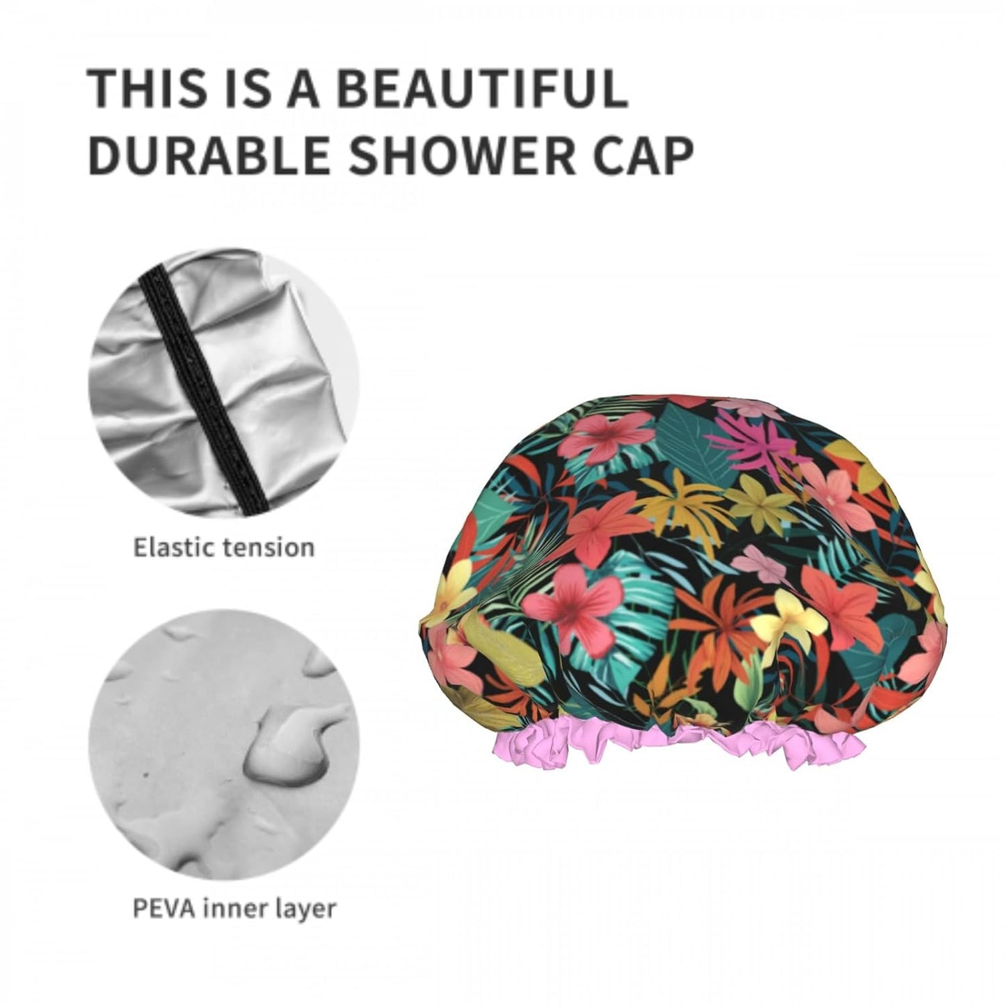 Floral Colorful Double Layer Waterproof Shower Cap for Women Reusable Fashion Bath Cap for All Long Hair Lengths Soft Bath Shower Hat
