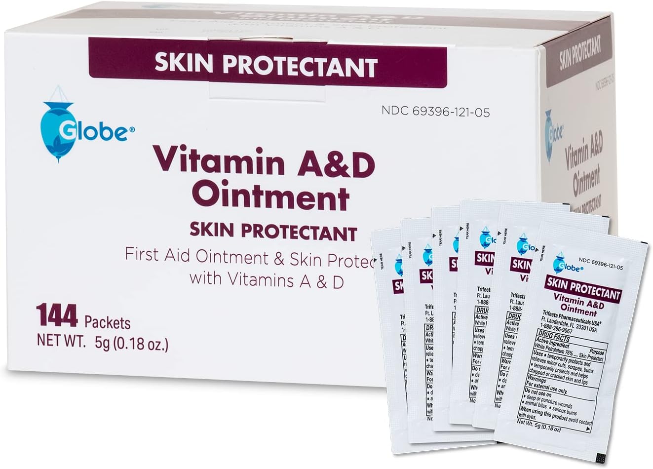 Globe (Box of 144) Vitamin A & D Ointment, First Aid & Skin Protectant with Vitamins A&D, 5g Packets, 144-Packets Box, Lanolin & Petrolatum Formula for Men, Women & Baby Skin