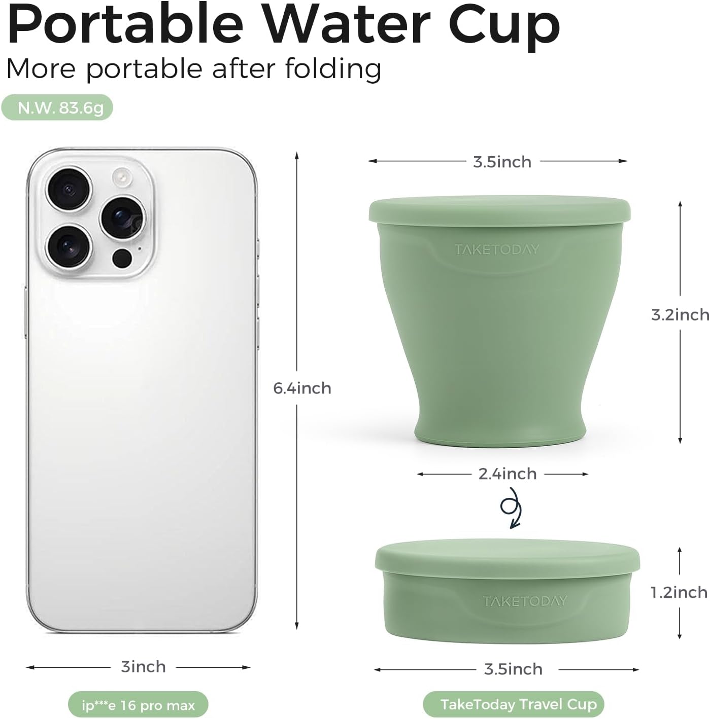 TakeToday Collapsible Travel Cup - Silicone Foldable Water Cup, BPA-Free with Lid & Waterproof Bag - Drinking Cup Set for Office, Camping & International Travel（8 Oz, Green）