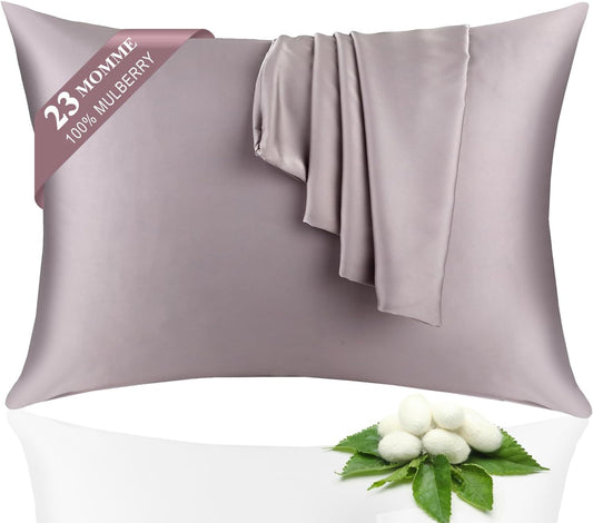100% Silk Pillowcase 2 Pack for Hair and Skin, Both Sides 23 Momme Grade 6A+ Mulberry Silk Pillowcases with Hidden Zipper, Soft&Smooth Cooling Pillow Cases (Gray, Standard 20×26)